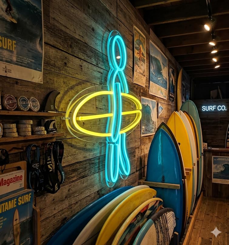 Letrero Neón de Surfista con Tabla, Luz neón LED, Azul Cian y Amarillo, Decoración de Pared con base metacrilato transparente,cadena,cable de 1.5 m y alimentación 12 v medidas 50x45 cm deporte