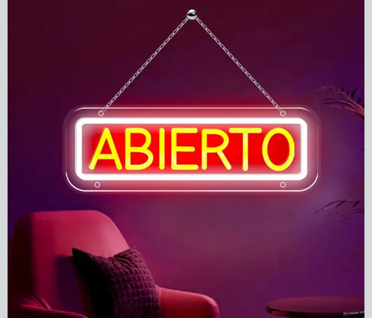 Letrero LED Neón 'ABIERTO', Cartel Luminoso para Negocio, Señal de Tienda con Cadena, Rojo y Amarillo