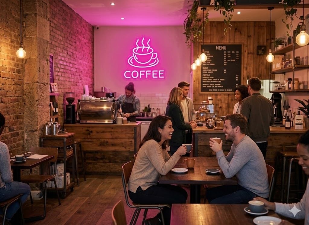 Letrero Neón "COFFEE" con Taza, Luz neón LED, Color Rosa, Decoración de Pared con base metacrilato transparente, cadena, cable de 1.5 m y alimentación 12 v medidas 40x35 cm.CAFETERIA