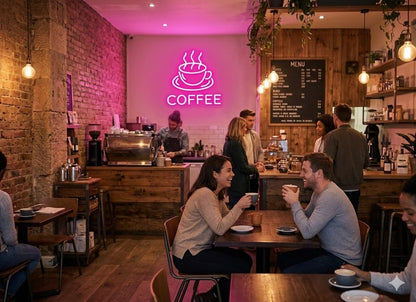 Letrero Neón "COFFEE" con Taza, Luz neón LED, Color Rosa, Decoración de Pared con base metacrilato transparente, cadena, cable de 1.5 m y alimentación 12 v medidas 40x35 cm.CAFETERIA