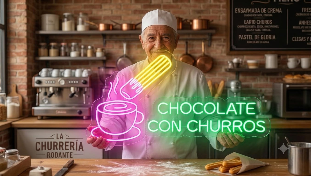 Letrero Neón LED Chocolate con Churros, 75cm x 40cm