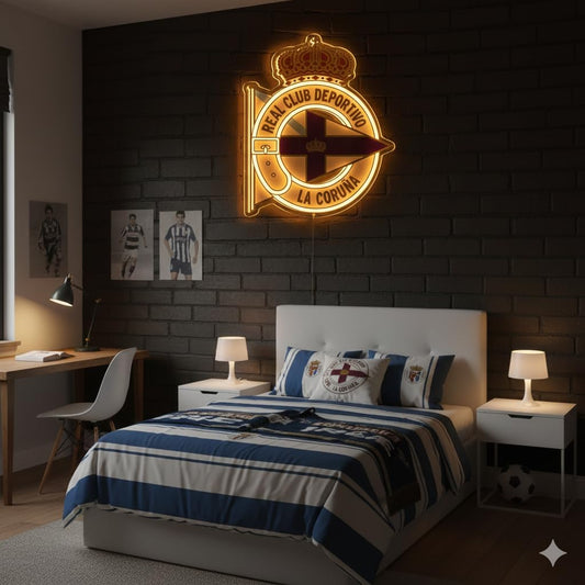 Letrero regalo Escudo 2° división Club Deportivo la Coruña con Corona,colores iluminados brillantes con base metacrilato,neón led y vinilo 40x30 cm aproximadamente con cadena y alimentación 12v