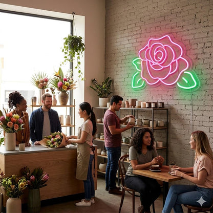Letrero Neón de Rosa, Luz Neón LED, Bicolor (Rojo y Verde), Decoración de Pared con Base Metacrilato Transparente, Cadena, Cable de 1.5 m y Alimentación 12 v, Medidas Aproximadamente 45x35 cm