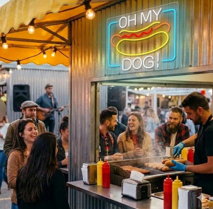 Letrero Neón hotdog Open, Luz neón LED, Multicolor, Decoración de Pared con base metacrilato transparente, cadena, cable de 1.5 m y alimentación 12 v medidas 55x55 cm