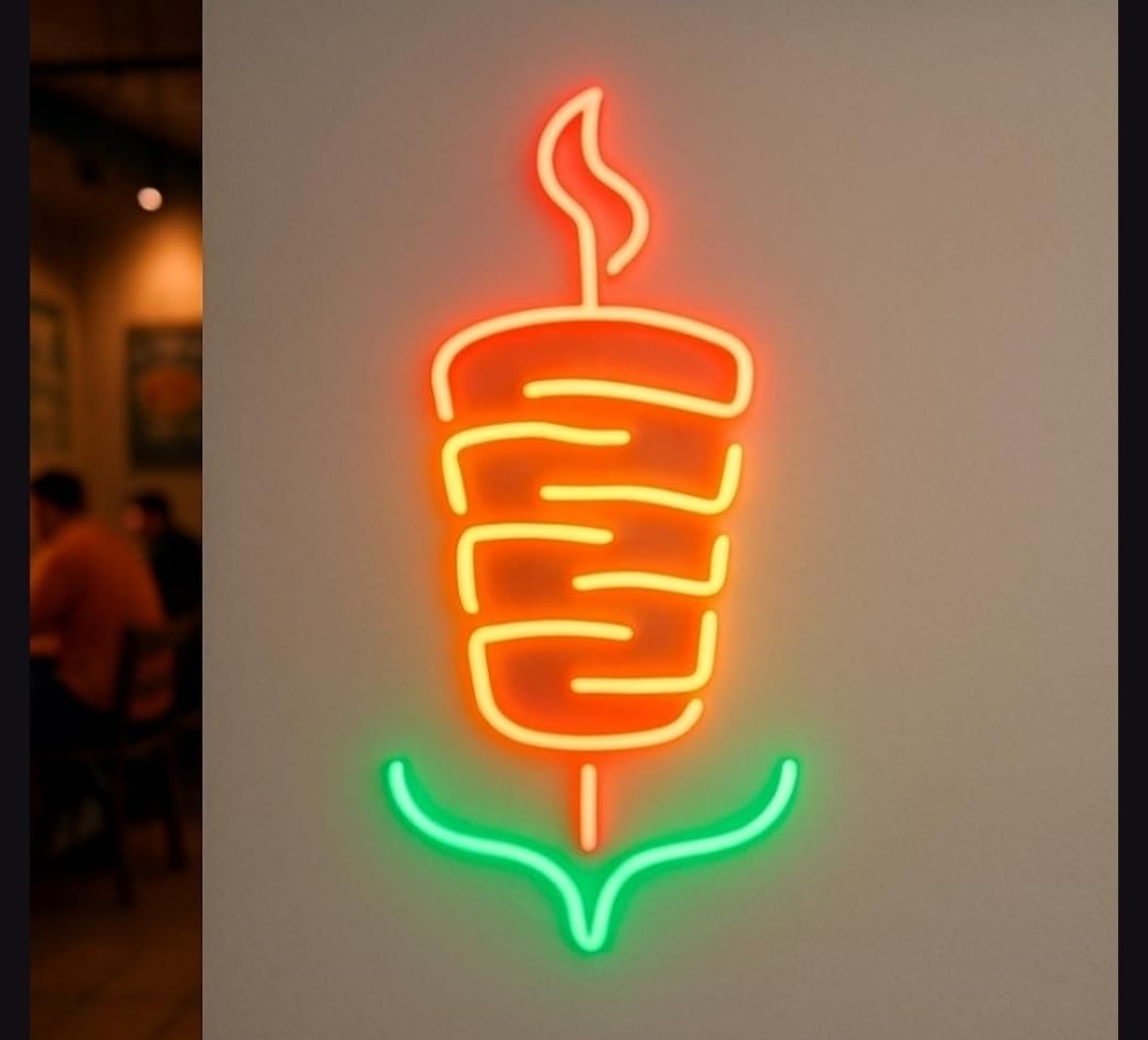 Letrero Neón kebab, Luz Neón LED, Bicolor (Rojo y Verde), Decoración de Pared con Base Metacrilato Transparente, Cadena, Cable de 1.5 m y Alimentación 12 v, Medidas Aproximadamente 45x35 cm