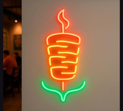 Letrero Neón kebab, Luz Neón LED, Bicolor (Rojo y Verde), Decoración de Pared con Base Metacrilato Transparente, Cadena, Cable de 1.5 m y Alimentación 12 v, Medidas Aproximadamente 45x35 cm