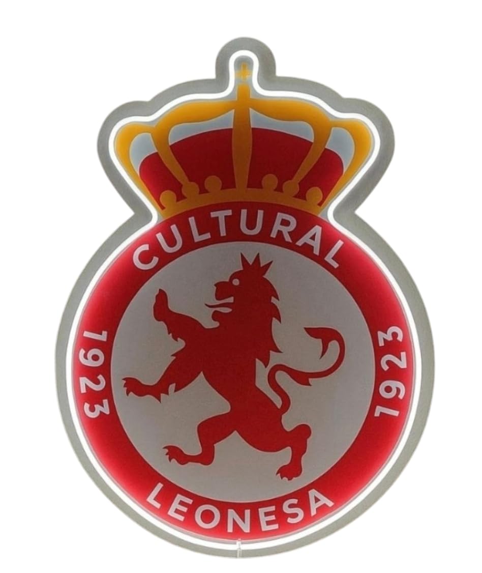 Escudo neón led vinilo metacrilato le Cultural Leonesa Escudo Emblema Deportivo con Corona Real y León, Rojo y Dorado MEDIDAS 40X30 CM ALIMENTACION 12V