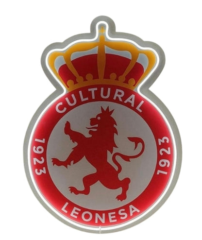 Escudo neón led vinilo metacrilato le Cultural Leonesa Escudo Emblema Deportivo con Corona Real y León, Rojo y Dorado MEDIDAS 40X30 CM ALIMENTACION 12V
