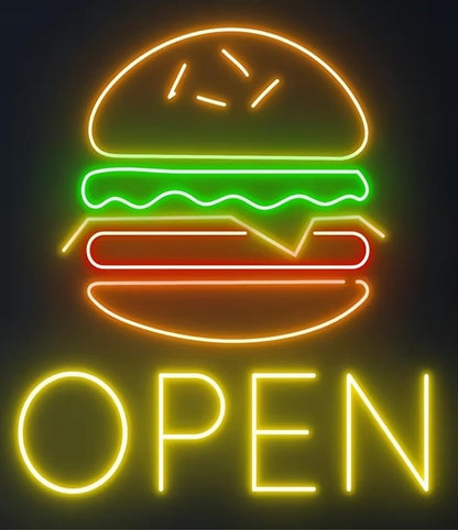 Lámpara de señalización Letrero De Neón De Hamburguesa Abierta, Decoración De Pared Para Restaurante, Tienda De Comida Rápida 50X53cm CO ALIMENTADOR 12V