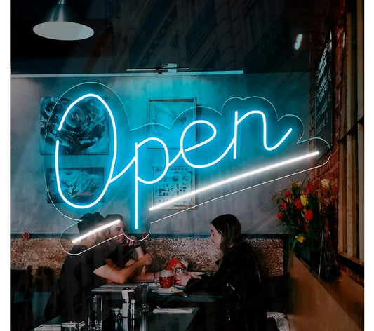 Letrero de Neón LED 'Open', Luz Decorativa para Tienda, Restaurante, Bar, Color Azul, Montaje en Pared
