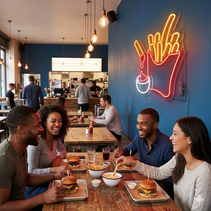 SOLOLED Letrero Neón de Patatas fritas con salsa, Luz neón LED, Decoración de Pared con base metacrilato transparente, cadena, cable de 1.5 m y alimentación 12 v medidas 50x50 cm