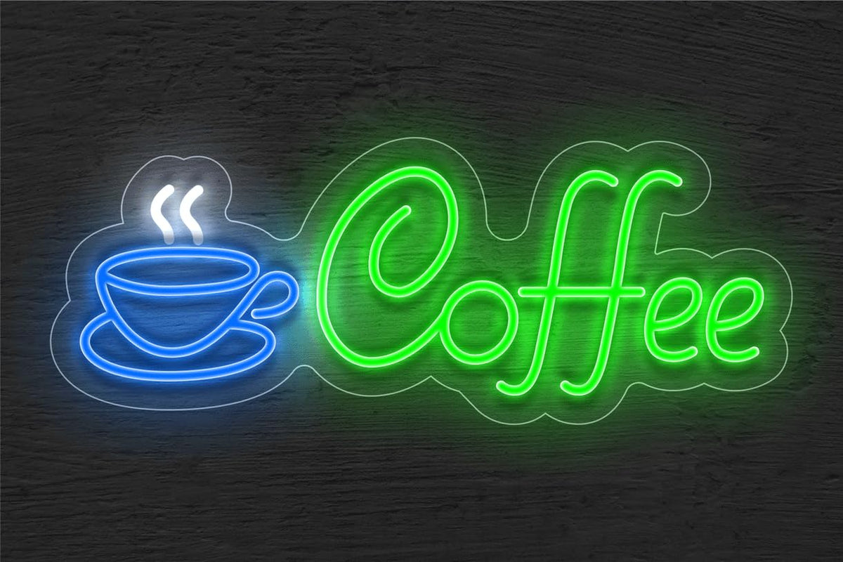 Letrero LED Decorativo de Café, Luz de Neón Azul y Verde, Diseño de Taza de Café, Señal Luminosa para Pared, Medidas 60x30 cm, Alimentación 12v