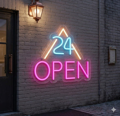 Letrero Neón de 24 OPEN con Triángulo, Luz neón LED, Rosa, Azul y Blanco, Decoración de Pared con base metacrilato transparente, cadena, cable de 1.5 m y alimentación 12 v medidas 45x55 cm