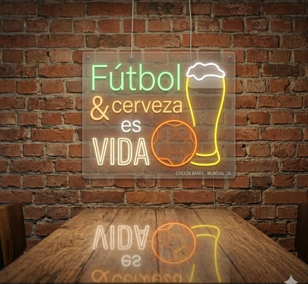 soloLED Neón LED fútbol y cerveza Letrero Luminoso de mundial Decoración de Pared para Habitación Infantil, Zona Gamer o Bar,Artesanal Hecho en España 12 v medidas 70x70cm