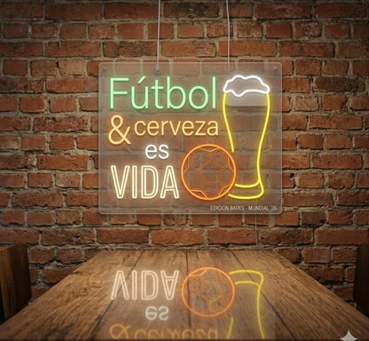 soloLED Neón LED fútbol y cerveza Letrero Luminoso de mundial Decoración de Pared para Habitación Infantil, Zona Gamer o Bar,Artesanal Hecho en España 12 v medidas 70x70cm