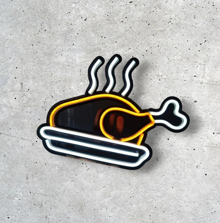 Letrero LED Decorativo de Pollo Asado, Luz de Neón, Color Blanco y Amarillo, Diseño Moderno