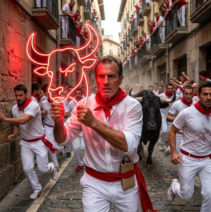 Letrero Neón led metacrilato transparente Cabeza de Toro san Fermín Pamplona, Diseño Lineal en Rojo 50 cm aproximadamente 12 v