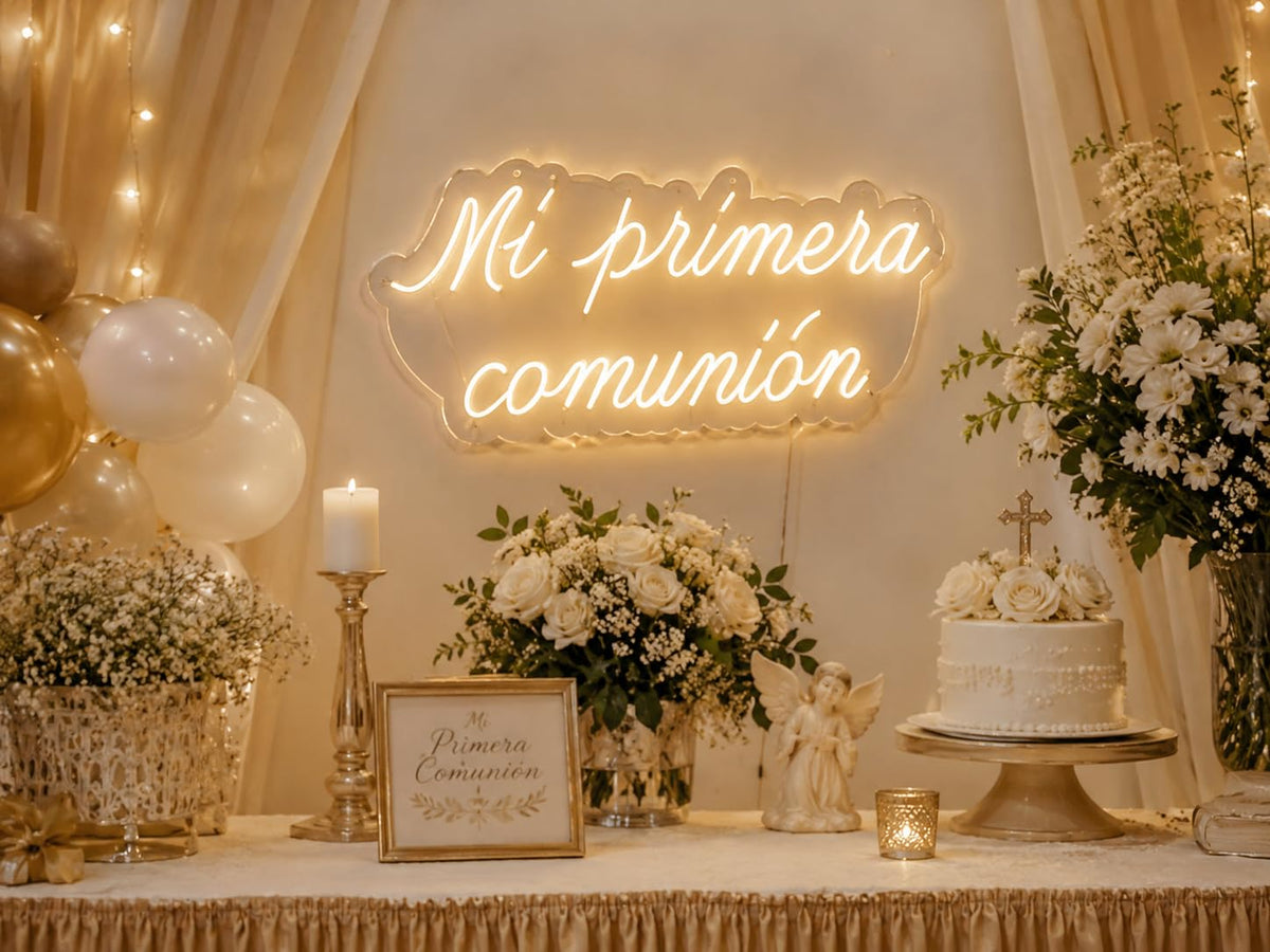 Letrero LED Neón Personalizado mi Primera Comunión para Comuniones y Bautizos, Detalles Decorativos, Base Metacrilato, 60 x 40 cm, Alimentación 12 V