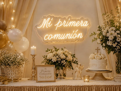 Letrero LED Neón Personalizado mi Primera Comunión para Comuniones y Bautizos, Detalles Decorativos, Base Metacrilato, 60 x 40 cm, Alimentación 12 V