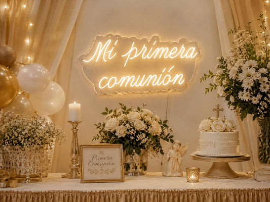 Letrero LED Neón Personalizado mi Primera Comunión para Comuniones y Bautizos, Detalles Decorativos, Base Metacrilato, 60 x 40 cm, Alimentación 12 V