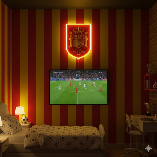 Letrero de Neón LED Escudo España Rojo y Amarillo, Decoración de Pared, Luz Colgante vinilo, metacrilato neón led 40x30cm aproximadamente 12 v