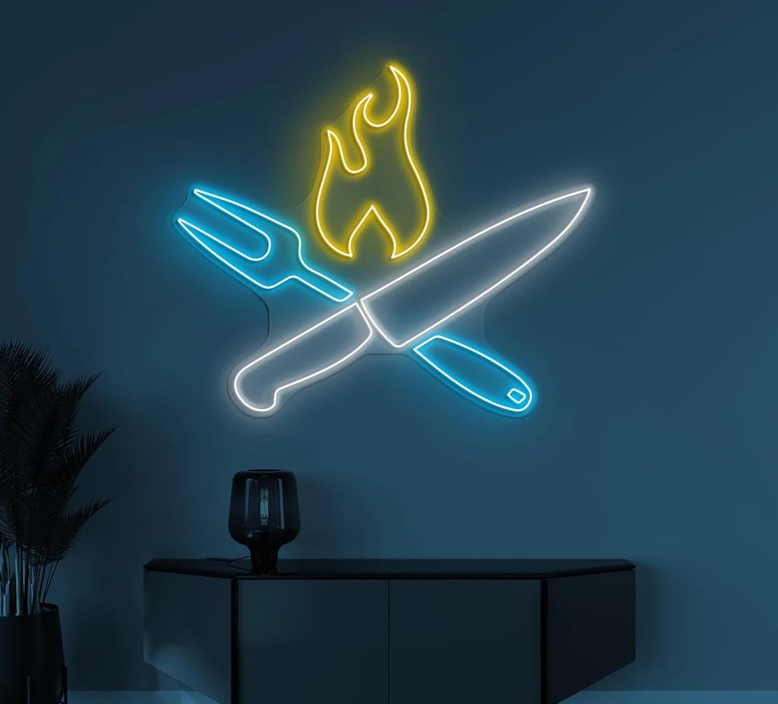 Letrero Neón led metacrilato transparente chchillo tenedor llama cocina al fuego a la brasa baebacoamedidas 50 cm aproximadamente 12v
