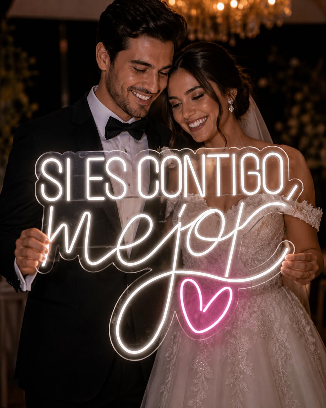 Letrero de Neón LED 'Si es Contigo mejor', Cartel Luminoso Decorativo con Corazón, Luz Blanca y Rosa 85x65CM ALIMENTADOR 12 V