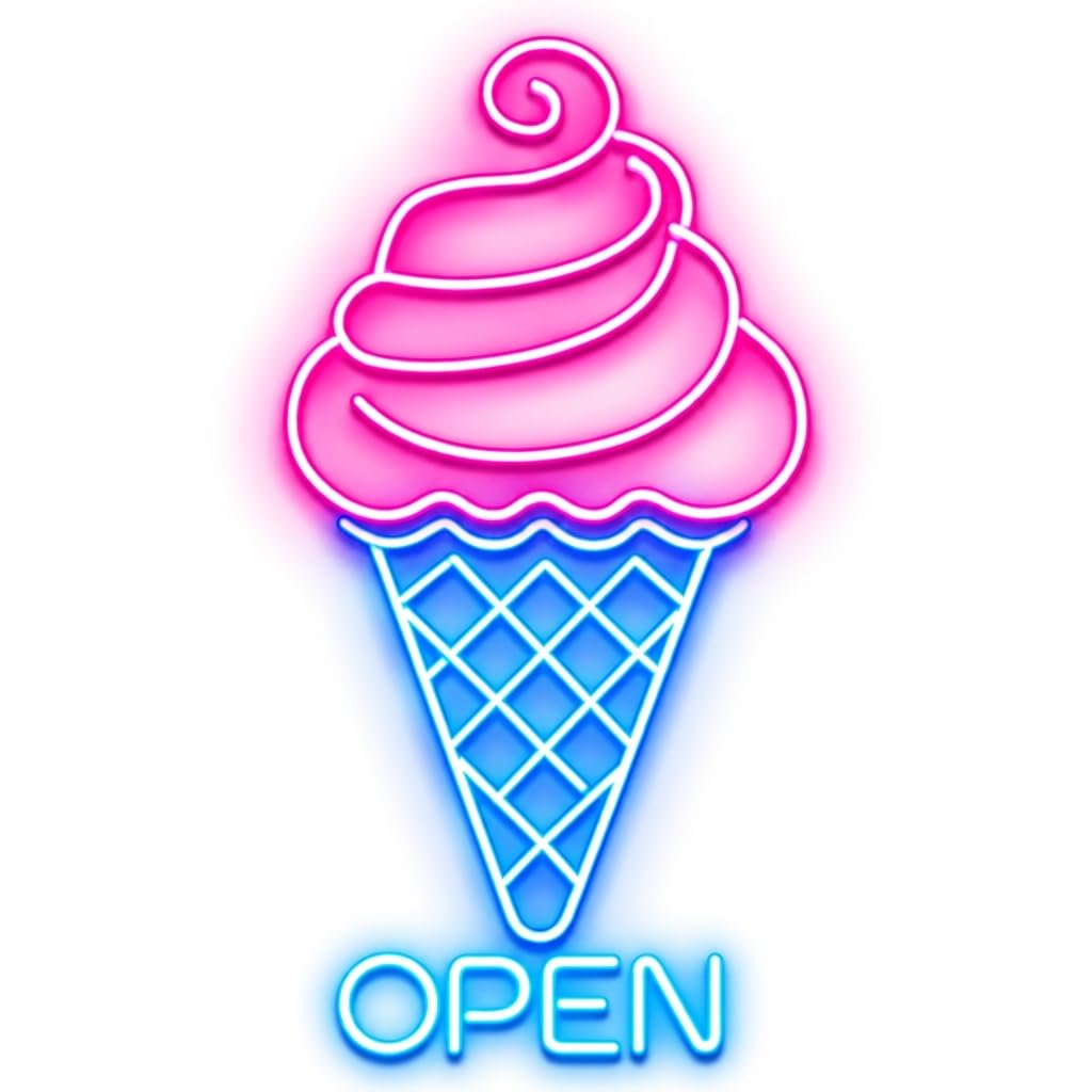 Letrero Neón de Helado OPEN, Luz neón LED, Rosa, Azul y Blanco, Decoración de Pared con base metacrilato transparente, cadena, cable de 1.5 m y alimentación 12 v medidas 35x65 cm