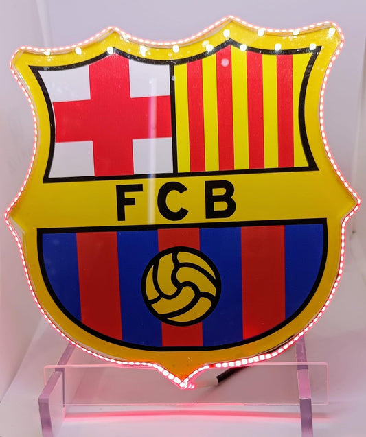 Escudo LED futbol, Iluminación COB Alta Intensidad, Metaquilato Profesional, Decoración BARCELONA Deportiva