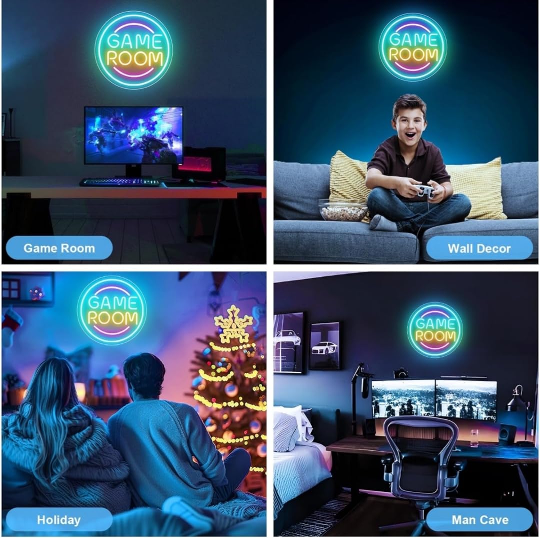 Letrero de Neón LED Game Room, Luz Decorativa Circular, Multicolor, 40 cm