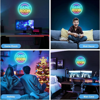 Letrero de Neón LED Game Room, Luz Decorativa Circular, Multicolor, 40 cm