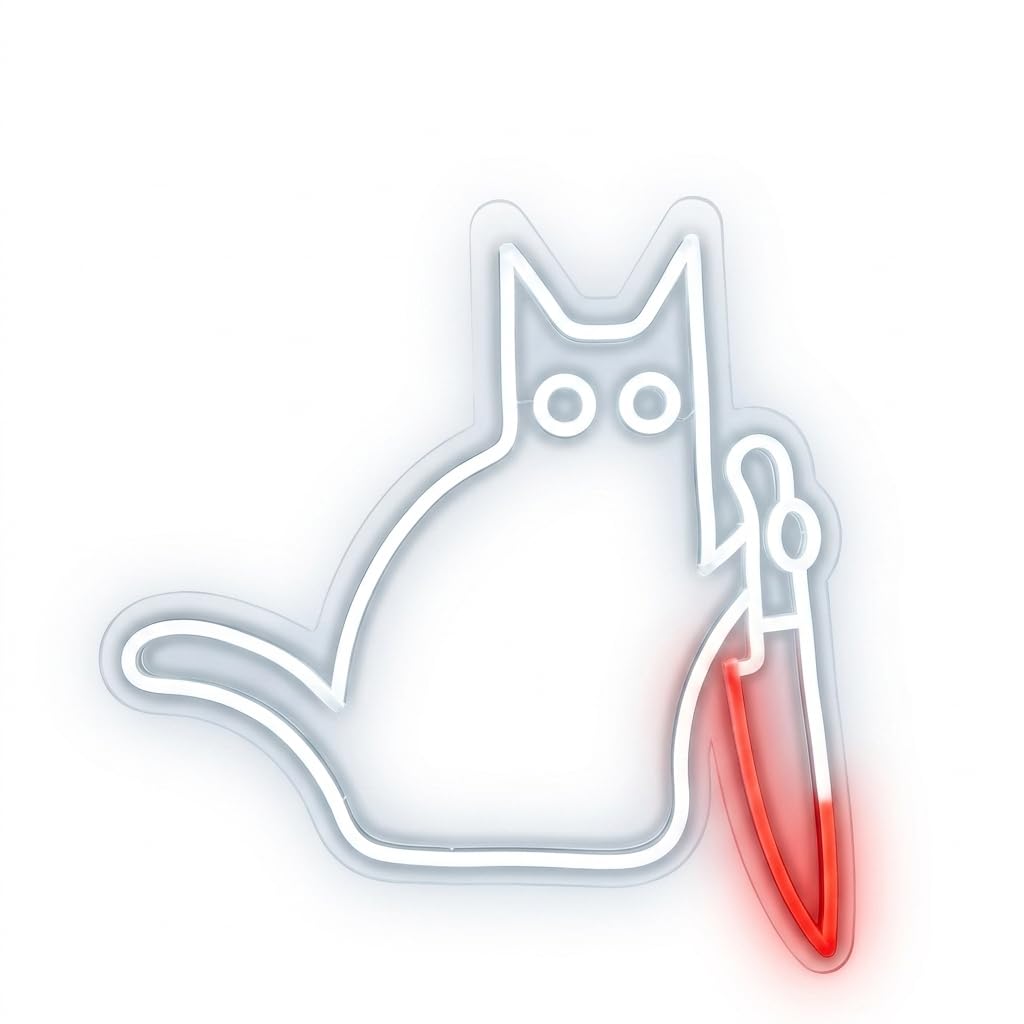 Letrero Neón de Gato con Cuchillo, Luz neón LED, Bicolor (Blanco y Rojo), Decoración de Pared con base metacrilato transparente, cadena, cable de 1.5 m y alimentación 12 v medidas 45x40 cm