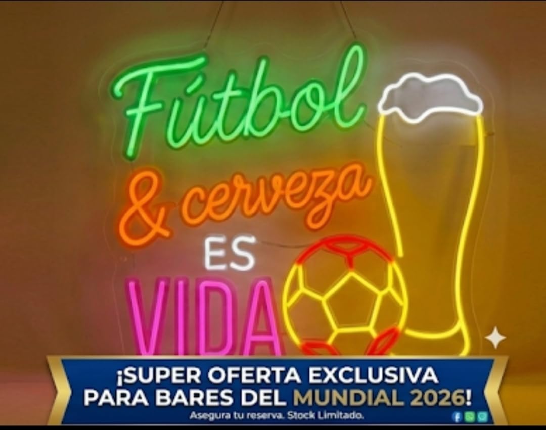 soloLED Neón LED fútbol y cerveza Letrero Luminoso de mundial Decoración de Pared para Habitación Infantil, Zona Gamer o Bar,Artesanal Hecho en España 12 v medidas 70x70cm
