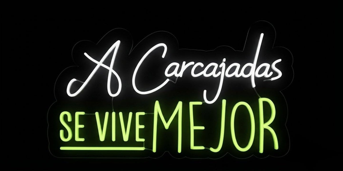 Letrero Neón led metacrilato transparente con forma alimentación 12 v 'A Carcajadas Se Vive Mejor', Blanco y Verde medidas 80 cm aproximadamente