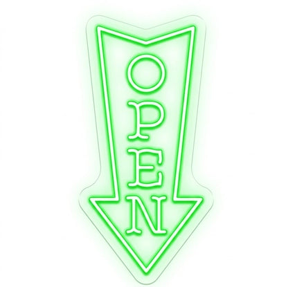 Letrero Neón de Flecha OPEN, Luz neón LED, Verde, Decoración de Pared con base metacrilato transparente, cadena, cable de 1.5 m y alimentación 12 v medidas 30x60 cm