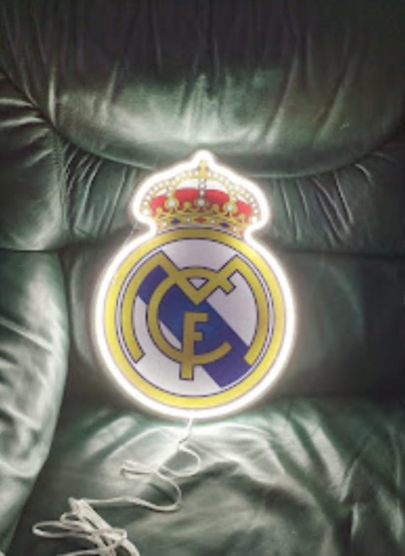 Cartel neón led regalo Real Madrid escudos Decoración de Fútbol, Blanco y Dorado Metacrilato,neón,vinilo, liga de fútbol Medidas 40 x30 cm