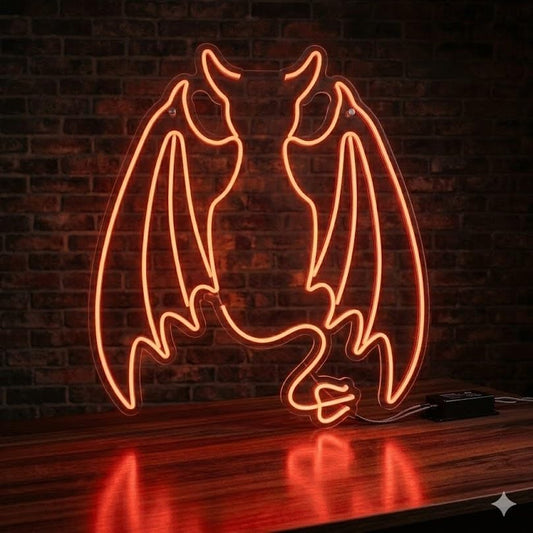 Letrero Neón de Alas y cuernos diablo, Luz neón LED, Colores, Decoración de Pared con base metacrilato transparente,cadena,cable de 1.5 m y alimentación 12 v medidas 60x78 cm