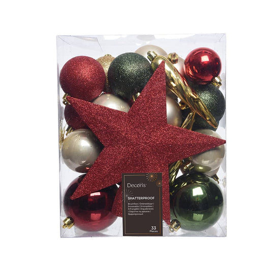 ACCESORIOS PARA DECORAR EL ÁRBOL DE NAVIDAD. COLORES: VERDE, DORADO Y ROJO, 33 PIEZAS