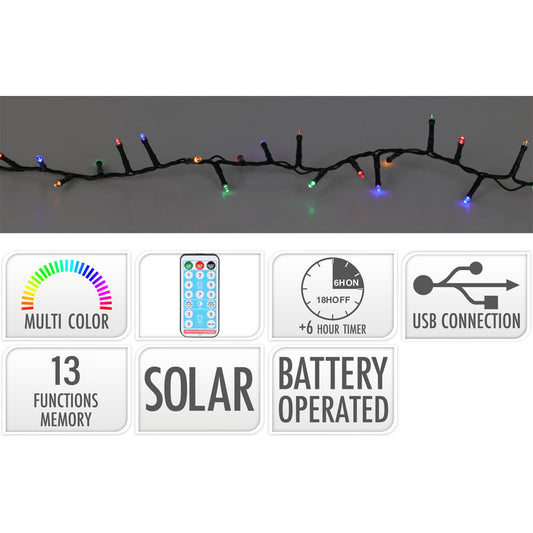 GUIRNALDA LED SOLAR 480 LEDS 13 FUNCIONES PARPADEANTE EXTERIOR MULTICOLOR CABLE VERDE 20 m