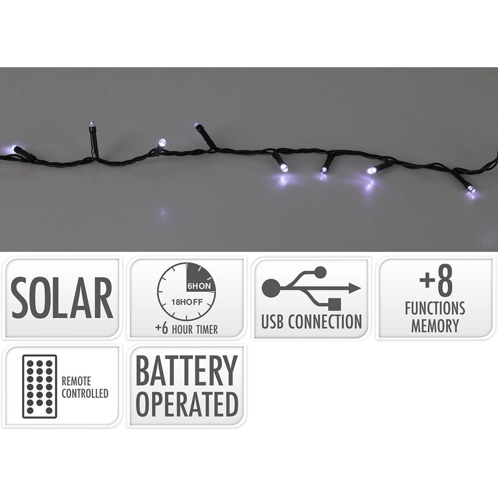 GUIRNALDA LED SOLAR 400 LEDS 13 FUNCIONES PARPADEANTE EXTERIOR BLANCO FRIO CABLE VERDE 20 m