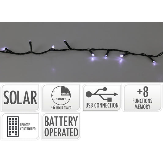 GUIRNALDA LED SOLAR 240 LEDS 13 FUNCIONES PARPADEANTE EXTERIOR BLANCO FRIO CABLE VERDE 10 m