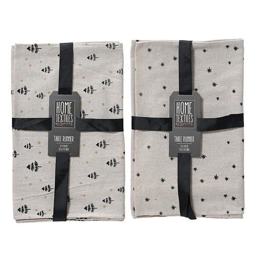 CAMINO DE MESA CON ESTAMPADOS EN NEGRO, 2 MODELOS, 32x150cm.