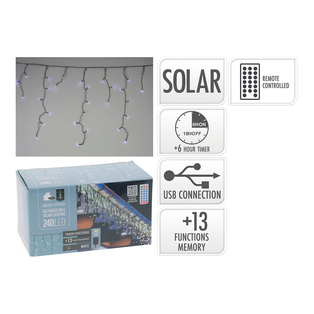 CORTINA SOLAR RECARGABLE, 240 LEDS, MULTIFUNCIÓN, LUZ FRÍA, EXTERIOR, 8 m