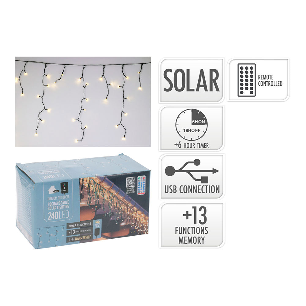 CORTINA SOLAR RECARGABLE, 240 LEDS, MULTIFUNCIÓN, LUZ CÁLIDA, EXTERIOR, 8 m
