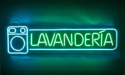 Letrero LED de Neón para Lavandería, Luz Verde y Azul, Señalización Luminosa para Pared