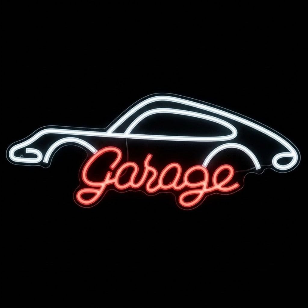 Letrero Neón led metacrilato transparente Garage con Silueta de Auto, Rojo y Blanco, medidas aproximadamente 60cm, alimentación 12v