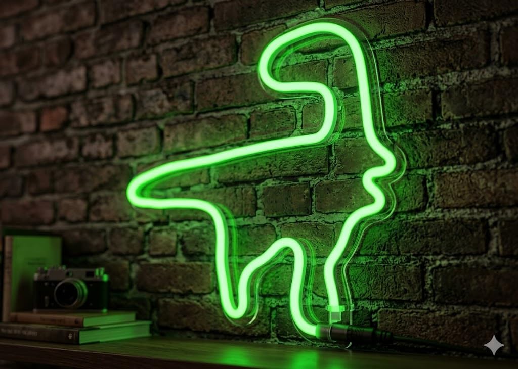 Letrero Neón de Dinosaurio, Luz neón LED, Color Verde, Decoración de Pared con base metacrilato transparente, cadena, cable de 1.5 m y alimentación 12 v medidas 38x32 cm