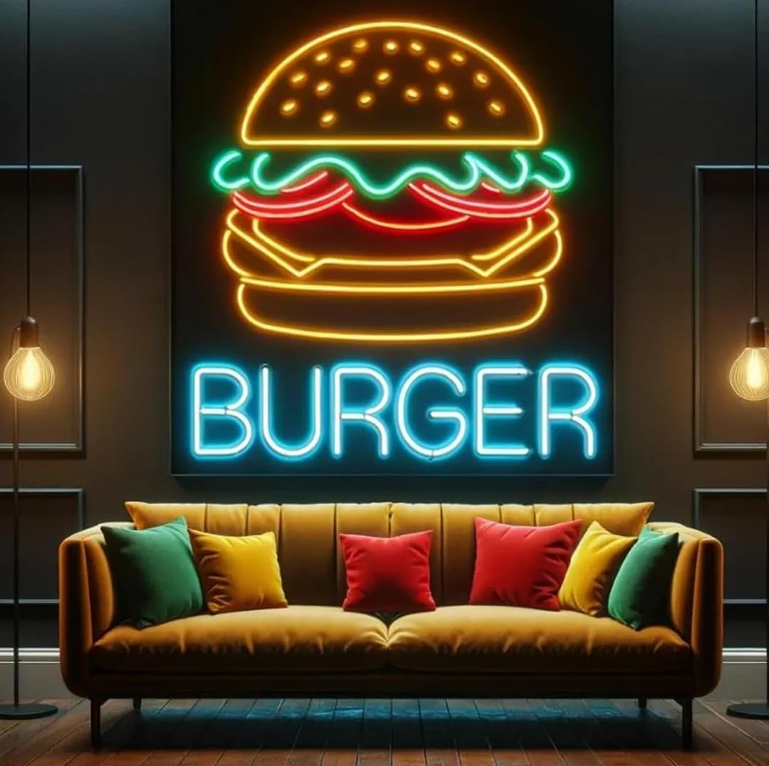 Letrero Luminoso de Neón LED, Diseño de Hamburguesa, Multicolor, 40 cm x 40 cm, 12V, Decoración para Restaurante medidas 40x40cm 12v