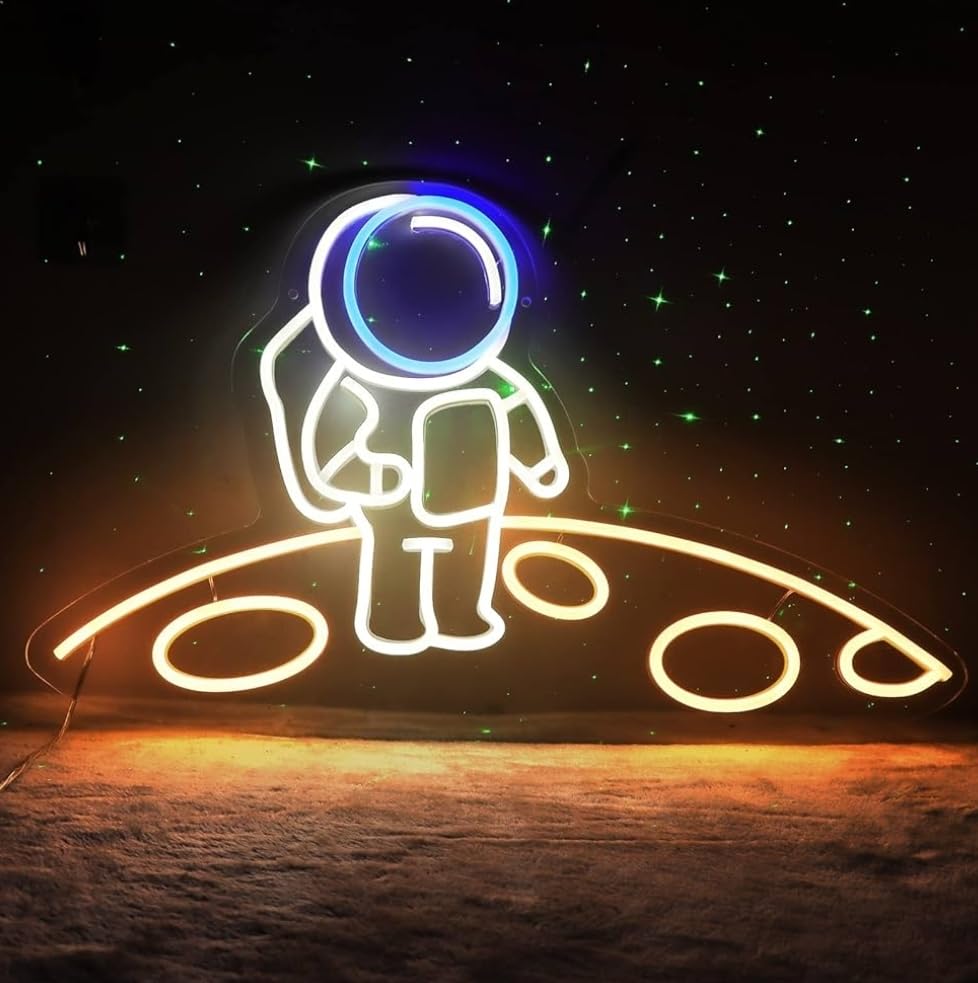 Letrero de neón de astronauta, gran astronauta de pie en el planeta para sala de juegos, decoración de pared para habitación espacial, regalos de cumpleaños, tamaño medidas 60x38cm 12 v