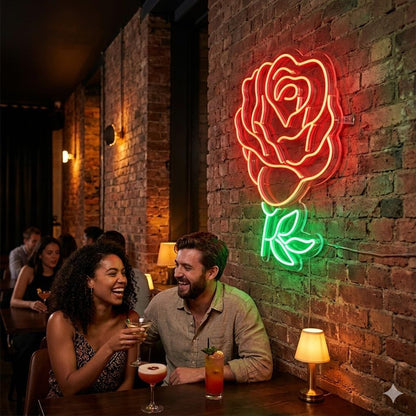 Letrero Neón de Rosa Clásica, Luz Neón LED, Rojo y Verde, Decoración de Pared con Base Metacrilato Transparente, Cadena, Cable de 1.5 m y Alimentación 12 v, Medidas 60x45 cm